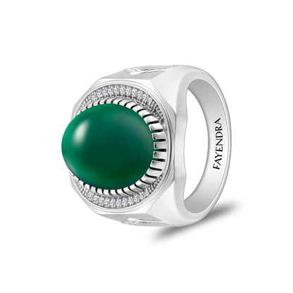 Sterling Silver 925 Ring Rhodium Plated Embedded With Cabochon Green Agate And White Zircon For Men