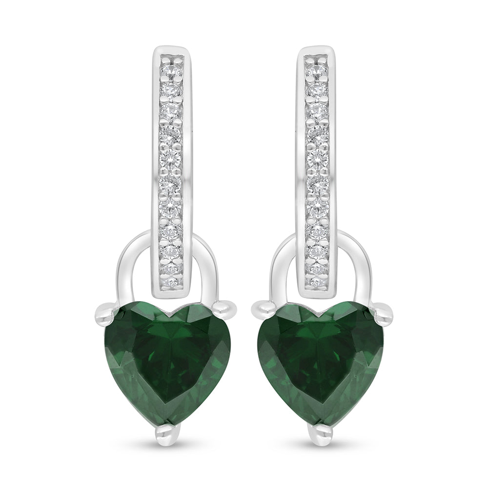 Sterling Silver 925 Earring Rhodium Plated Embedded With Emerald Zircon And White Zircon