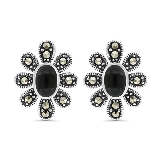 Sterling Silver 925 Earring Embedded With Natural Black Agate And Marcasite Stones
