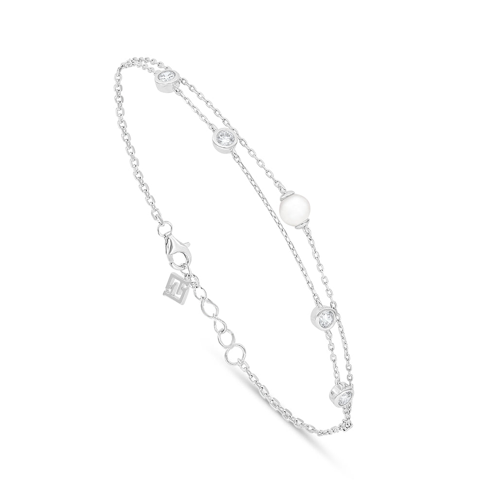 Sterling Silver 925 Bracelet Rhodium Plated Embedded With Natural White Pearl And White Zircon