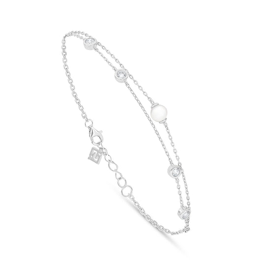 Sterling Silver 925 Bracelet Rhodium Plated Embedded With Natural White Pearl And White Zircon