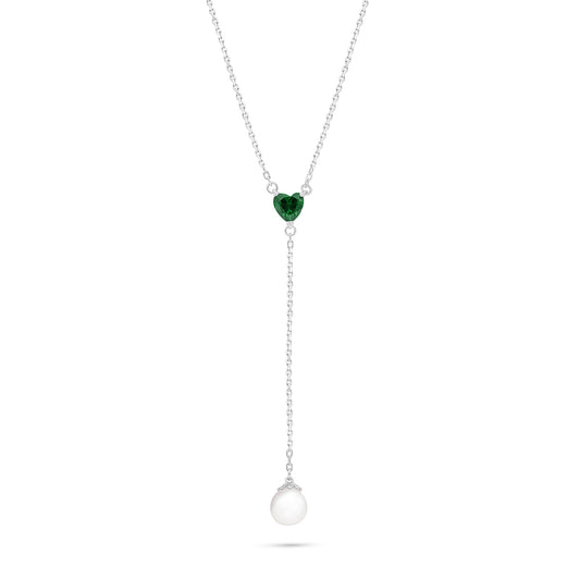 Sterling Silver 925 Necklace Rhodium Plated Embedded With Natural White Pearl And Emerald Zircon
