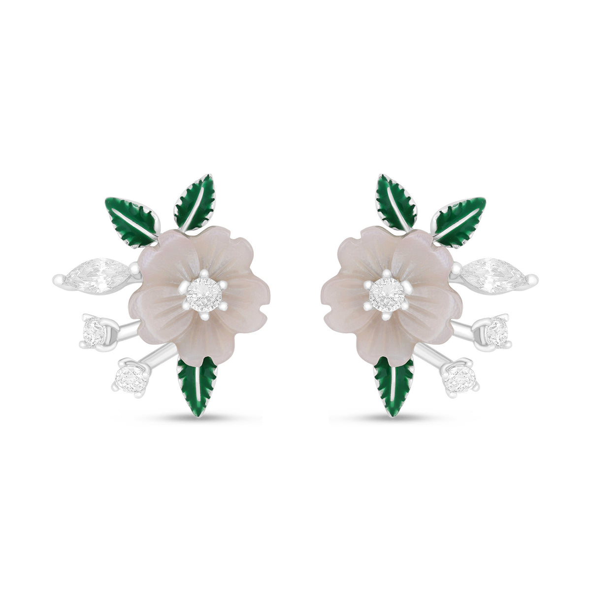 Sterling Silver 925 Earring Rhodium Plated Embedded With Pink Shell And White Zircon