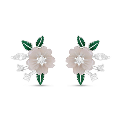 Sterling Silver 925 Earring Rhodium Plated Embedded With Pink Shell And White Zircon