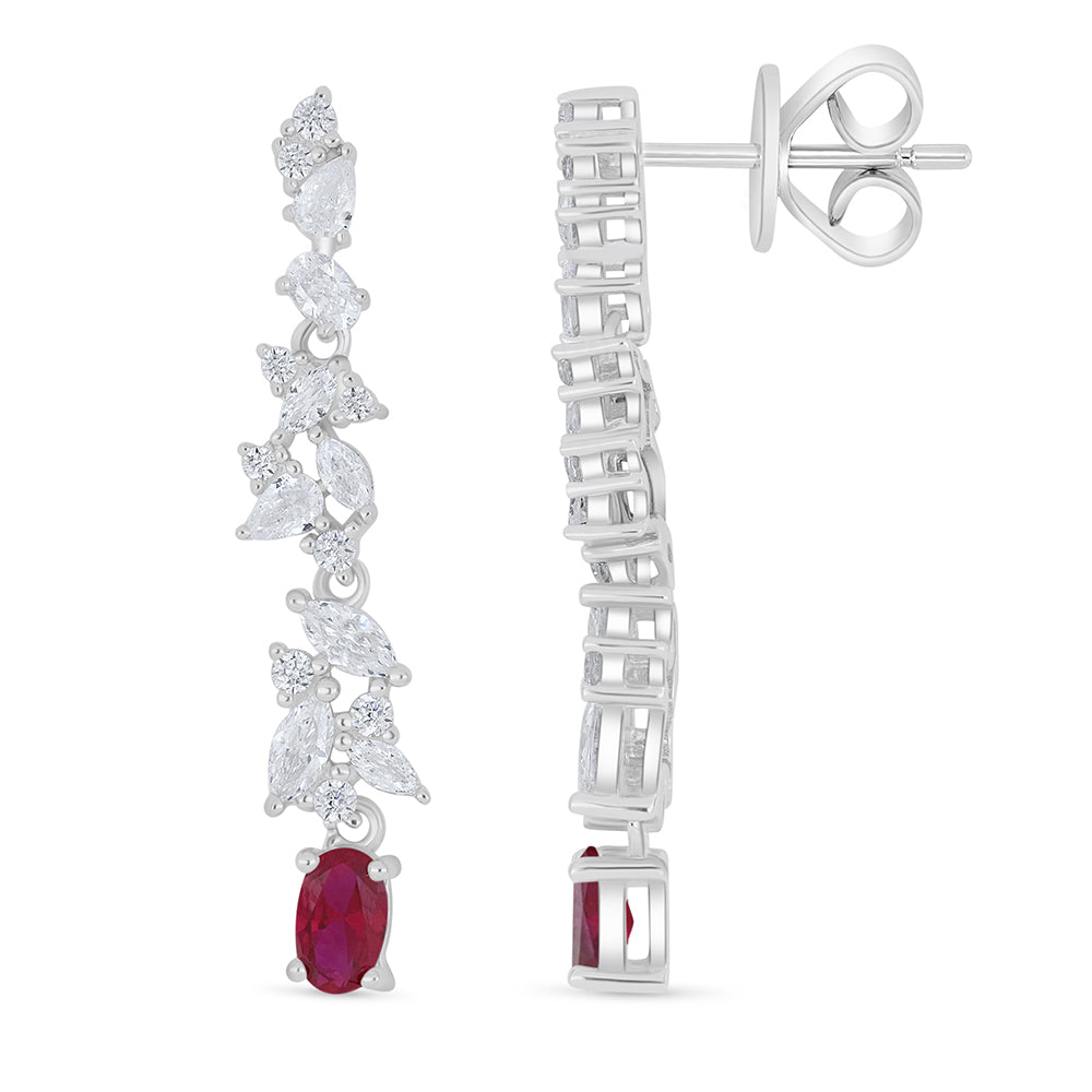 Sterling Silver 925 Earring Rhodium Plated Embedded With Ruby Corundum And White Zircon
