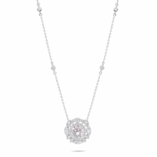 Sterling Silver 925 Necklace Rhodium Plated Embedded With Pink Zircon And White Zircon