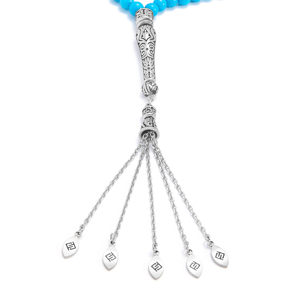 سبحة 100 احجار فيروز الهاولايت بيلية 6 مل طقم ستانلس ستيل عيار 316L مطلى فضي واسود