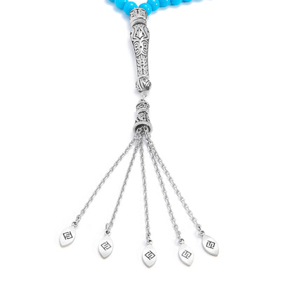 سبحة 100 احجار فيروز الهاولايت بيلية 6 مل طقم ستانلس ستيل عيار 316L مطلى فضي واسود