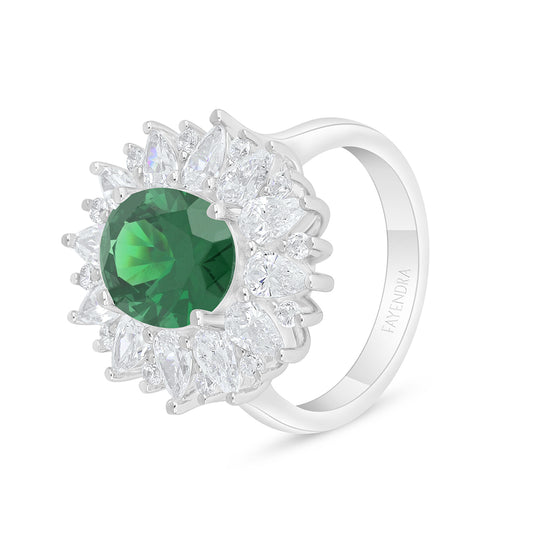 Sterling Silver 925 Ring Rhodium Plated Embedded With Emerald Zircon And White Zircon