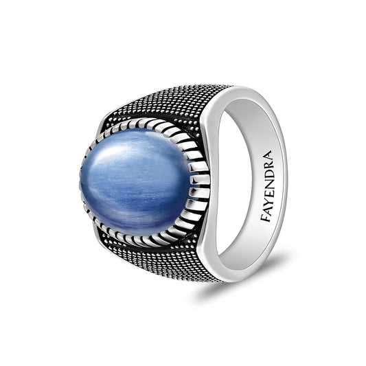 Sterling Silver 925 Ring Rhodium And Black Plated Embedded With Cabochon Natural Kyanite For Men
