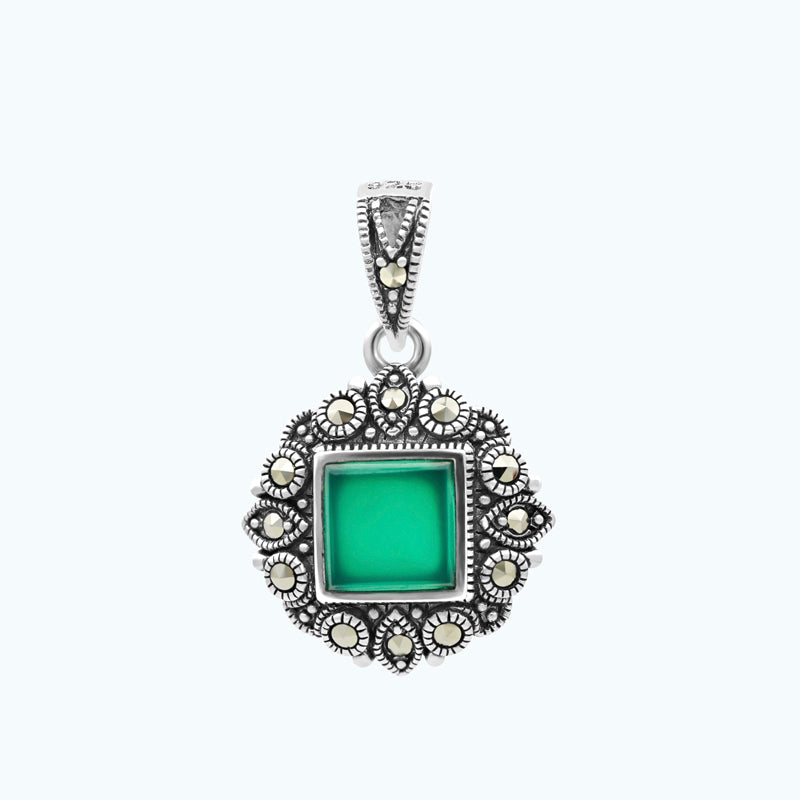Sterling Silver 925 Pendant Embedded With Natural Green Agate And Marcasite Stones