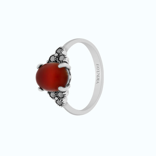 Sterling Silver 925 Ring Embedded With Natural Aqiq And Marcasite Stones