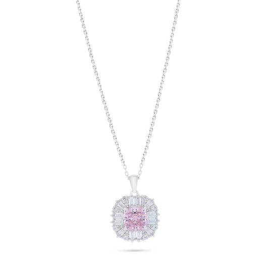Sterling Silver 925 Necklace Rhodium Plated Embedded With Pink Zircon And White Zircon