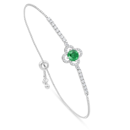 Sterling Silver 925 Bracelet Rhodium Plated Embedded With Emerald Zircon And White Zircon