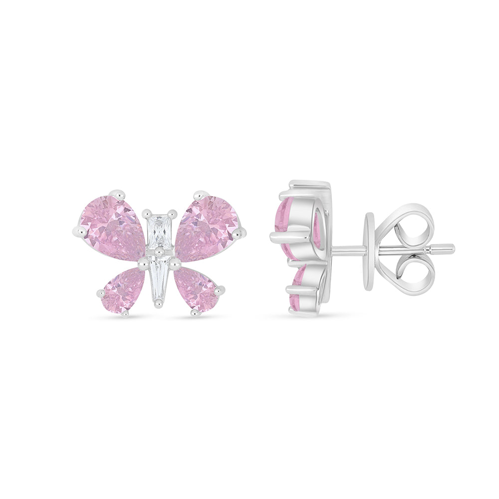 Sterling Silver 925 Earring Rhodium Plated Embedded With pink Zircon And White Zircon