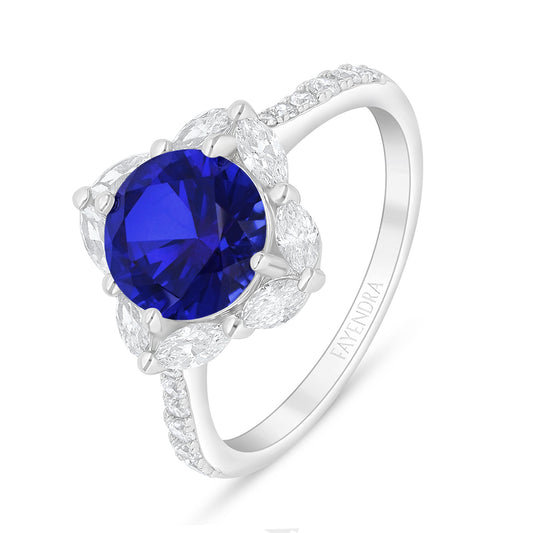 Sterling Silver 925 Ring Rhodium Plated Embedded With Sapphire Corundum And White Zircon