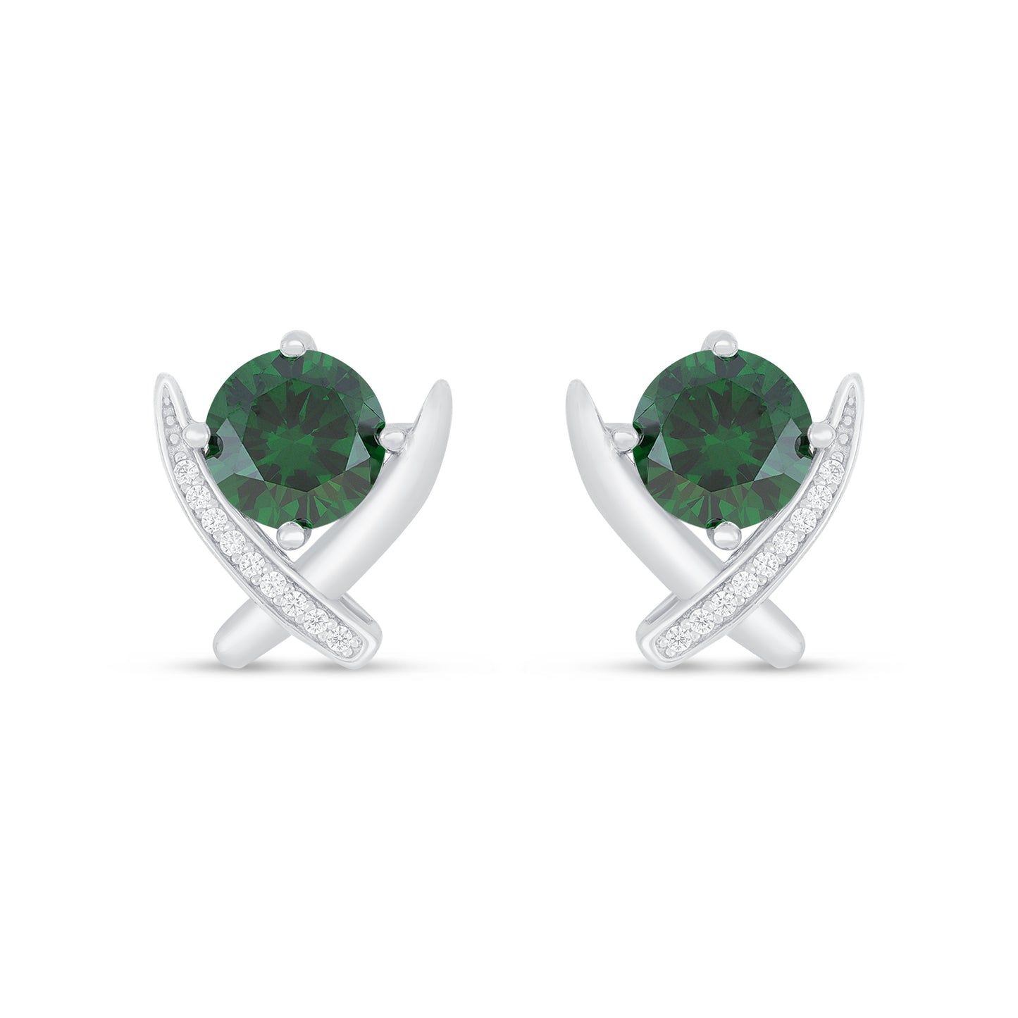 Sterling Silver 925 Earring Rhodium Plated Embedded With Emerald Zircon And White Zircon