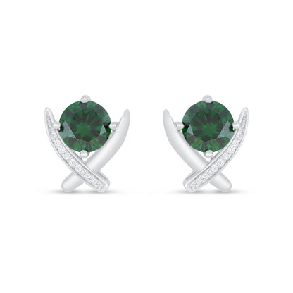 Sterling Silver 925 Earring Rhodium Plated Embedded With Emerald Zircon And White Zircon