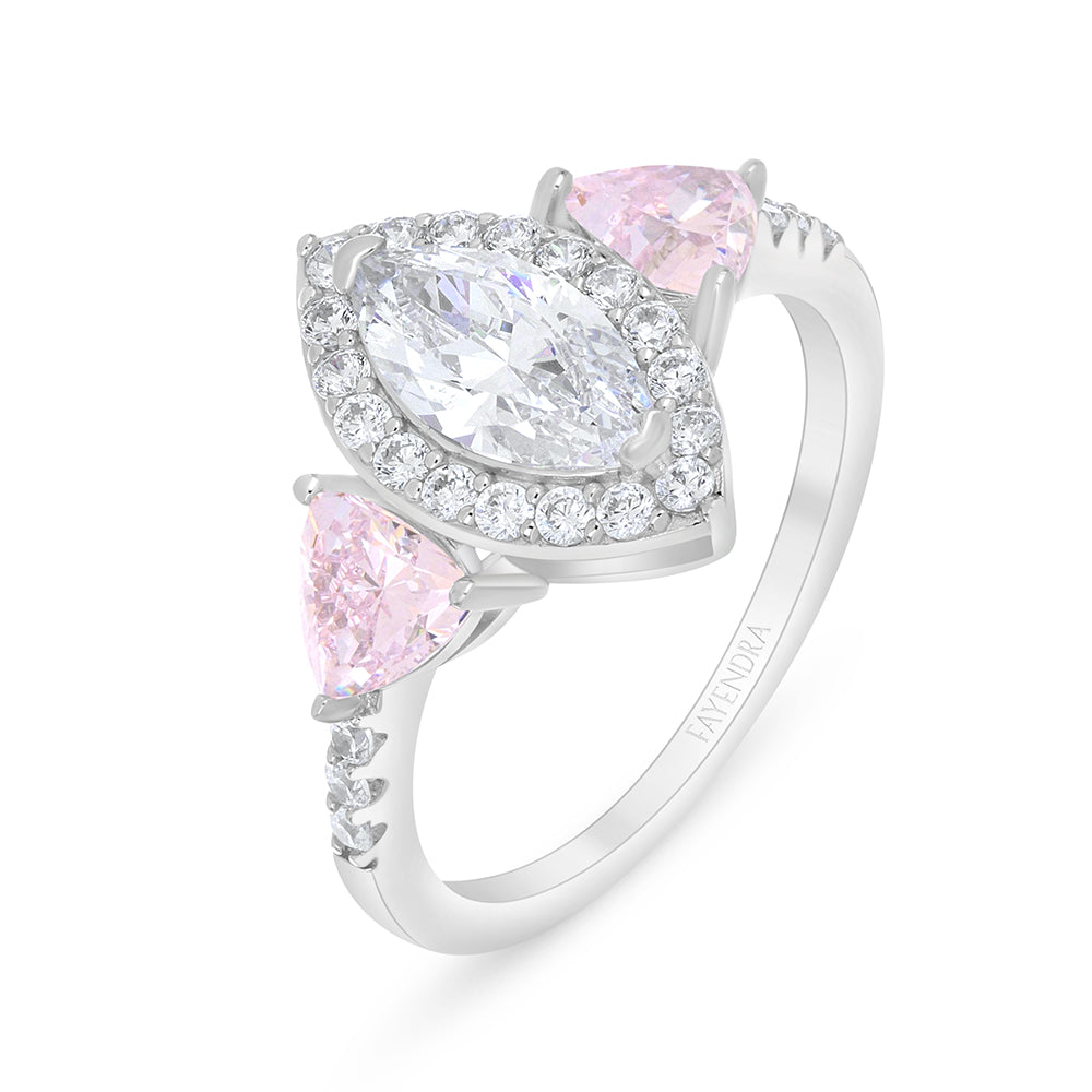 Sterling Silver 925 Ring Rhodium Plated Embedded With Pink Zircon And White Zircon