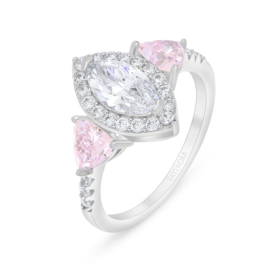 Sterling Silver 925 Ring Rhodium Plated Embedded With Pink Zircon And White Zircon
