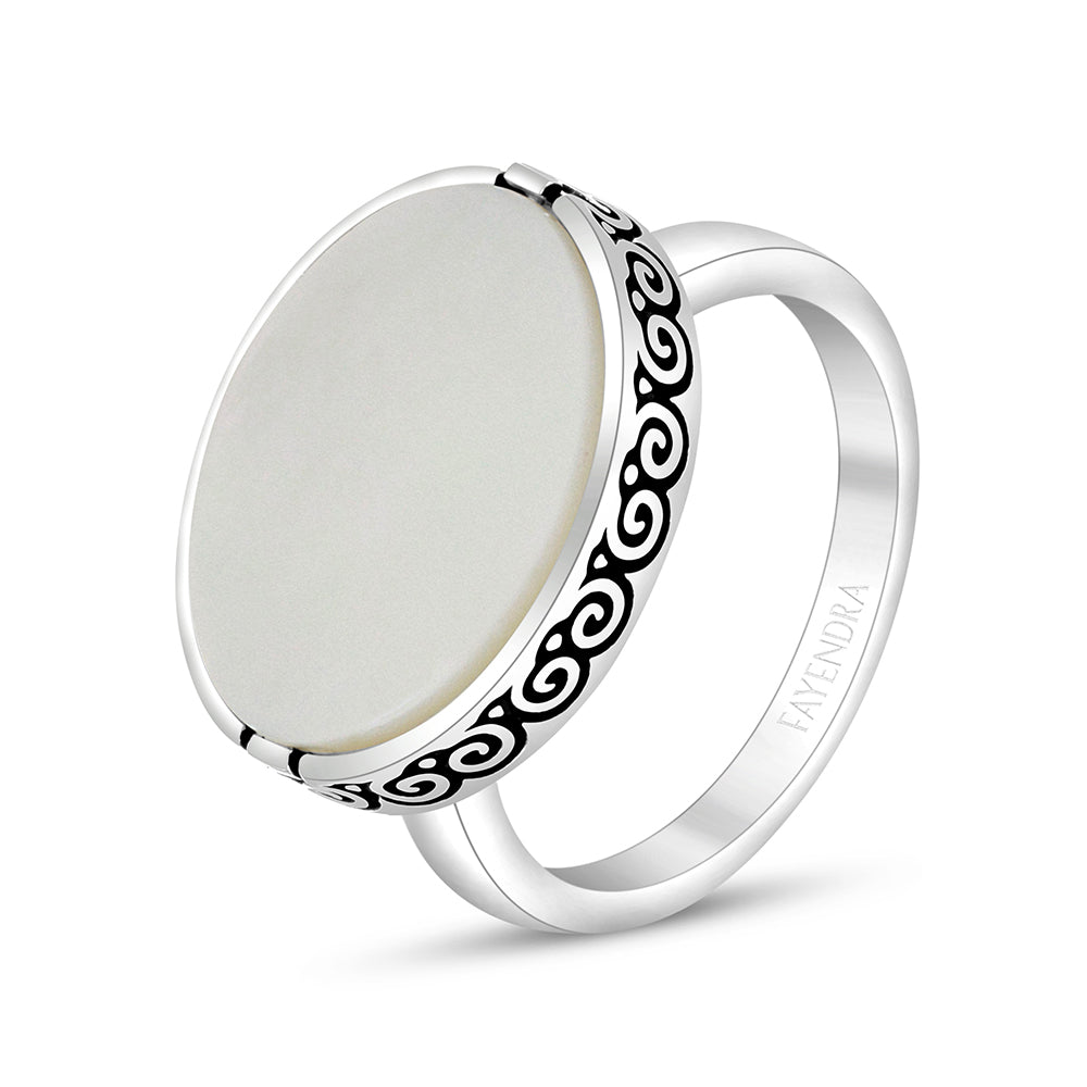 Sterling Silver 925 Ring Rhodium And Black Plated Embedded With White Shell For Men