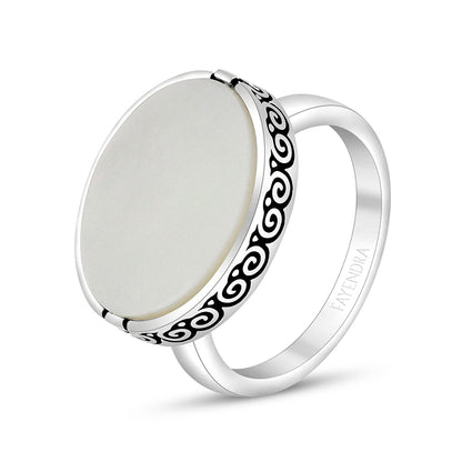 Sterling Silver 925 Ring Rhodium And Black Plated Embedded With White Shell For Men