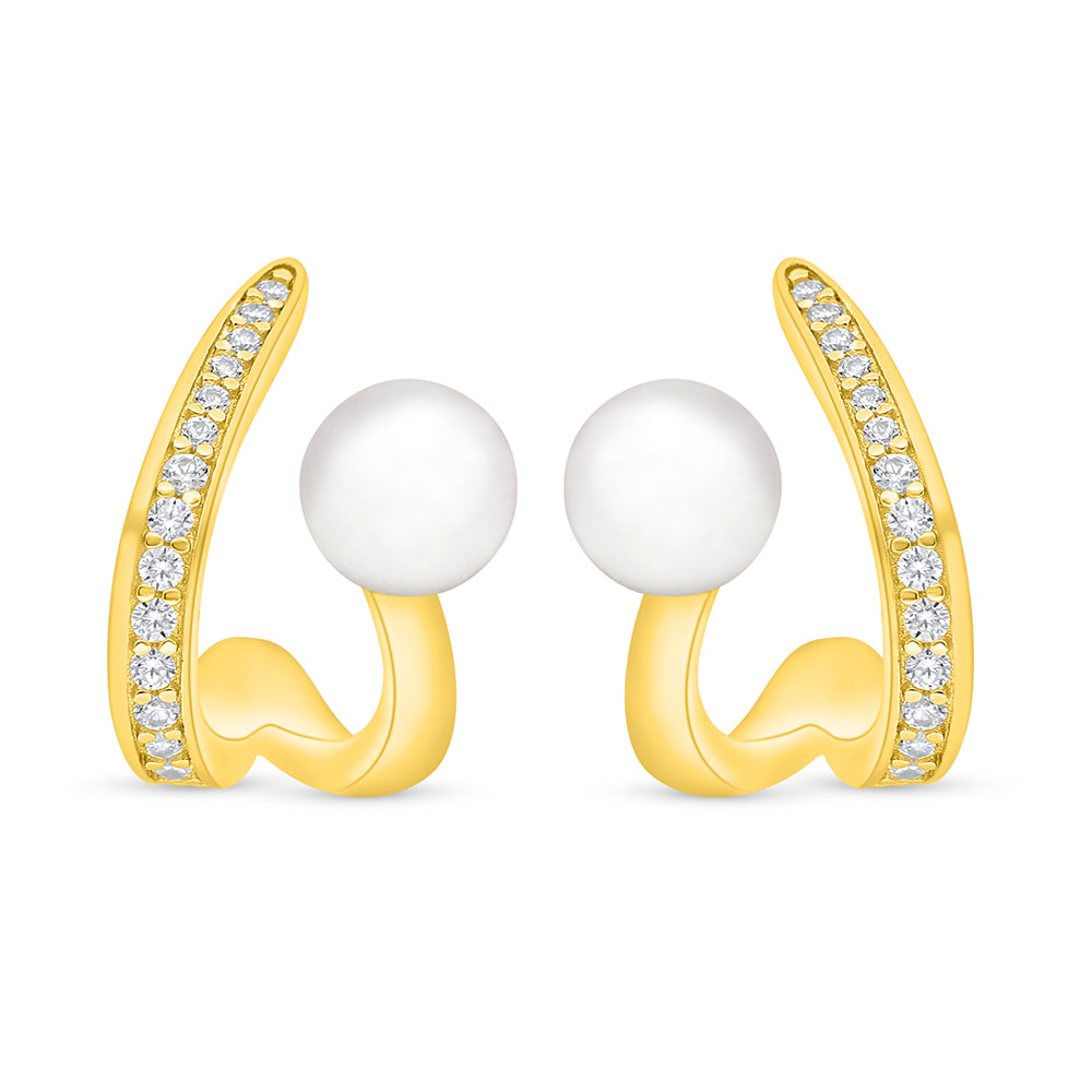 Sterling Silver 925 Earring Golden Plated Embedded With Natural White Pearl And White Zircon