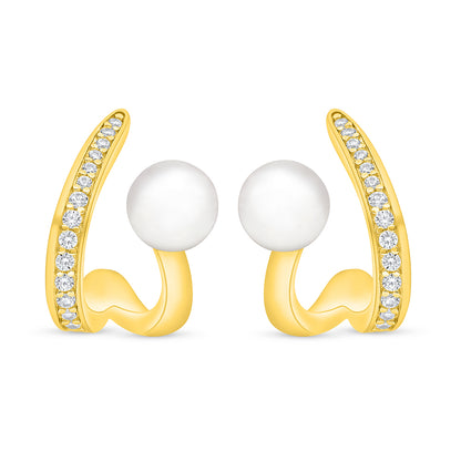 Sterling Silver 925 Earring Golden Plated Embedded With Natural White Pearl And White Zircon