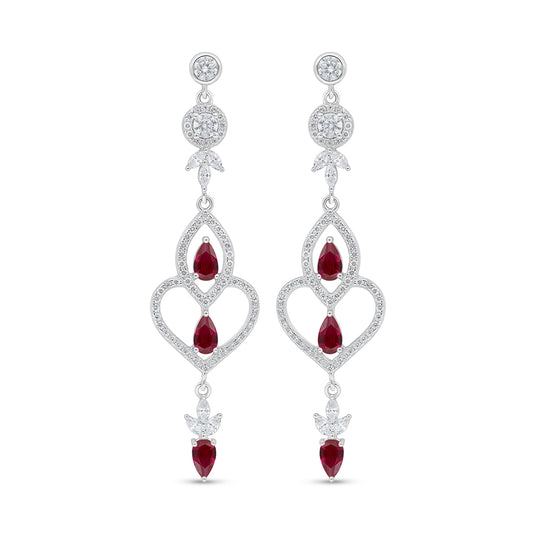 Sterling Silver 925 Earring Rhodium Plated Embedded With Ruby Corundum And White Zircon