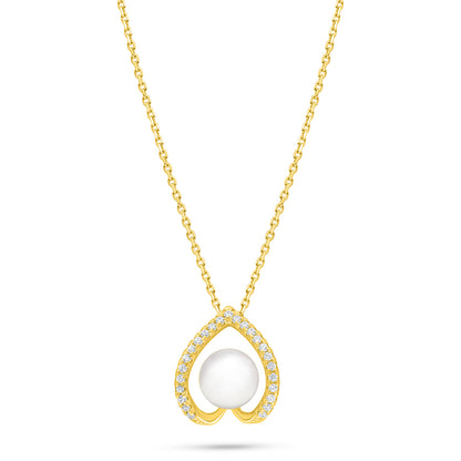 Sterling Silver 925 Necklace Golden Plated Embedded With Natural White Pearl And White Zircon