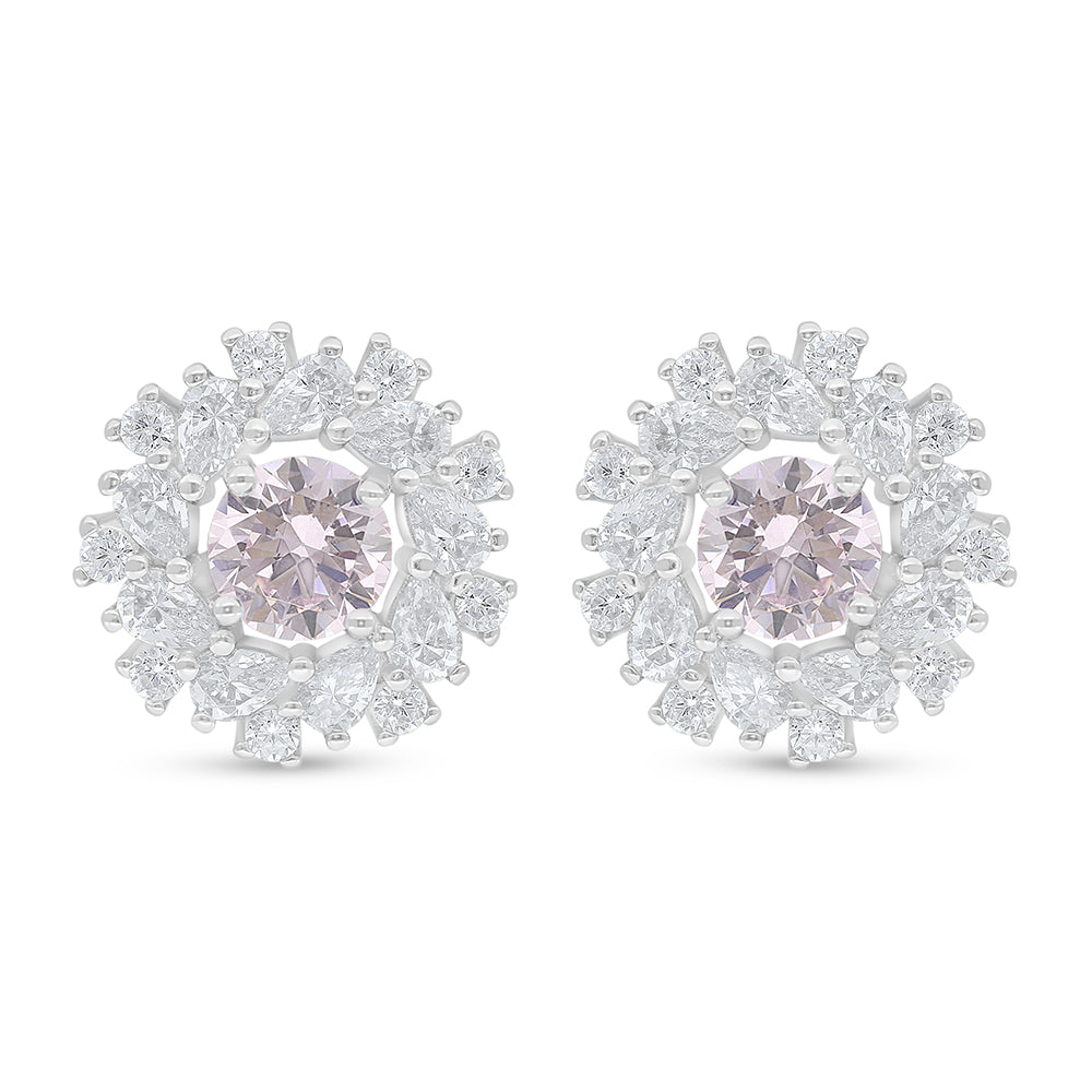 Sterling Silver 925 Earring Rhodium Plated Embedded With Pink Zircon And White Zircon
