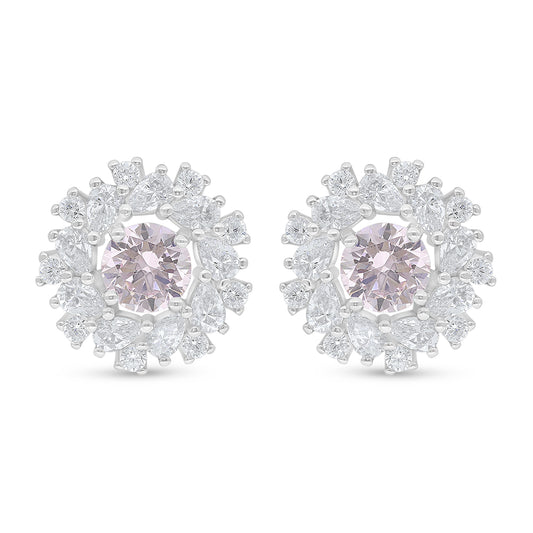Sterling Silver 925 Earring Rhodium Plated Embedded With Pink Zircon And White Zircon