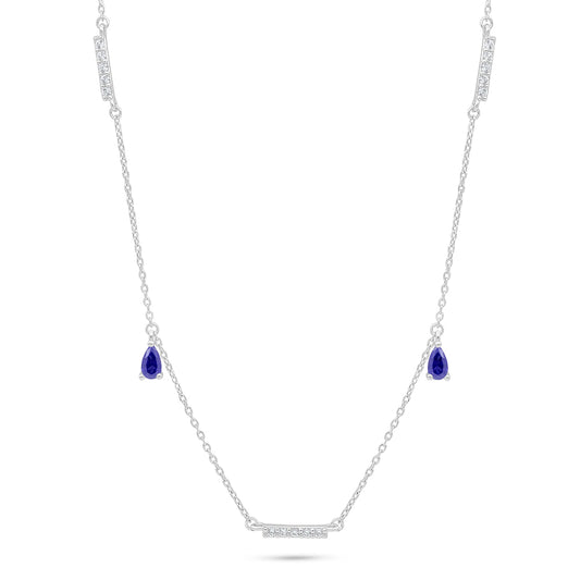 Sterling Silver 925 Necklace Rhodium Plated Embedded With Sapphire Corundum And White Zircon