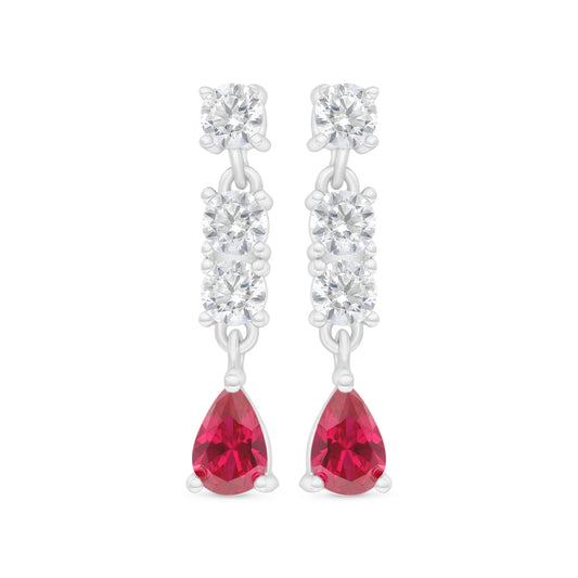 Sterling Silver 925 Earring Rhodium Plated Embedded With Ruby Corundum And White Zircon