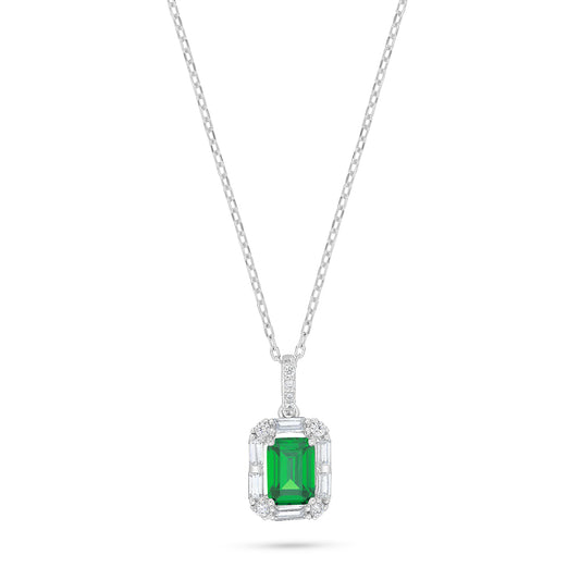 Sterling Silver 925 Necklace Rhodium Plated Embedded With Emerald Zircon And White Zircon