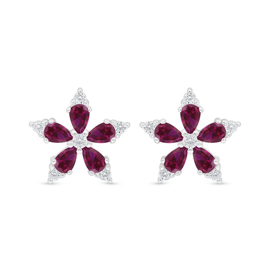 Sterling Silver 925 Earring Rhodium Plated Embedded With Ruby Corundum And White Zircon