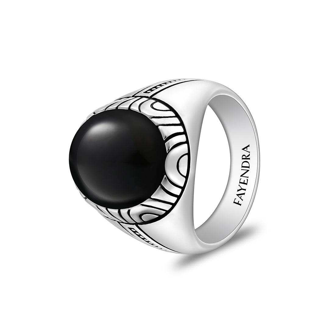 Sterling Silver 925 Ring Rhodium And Black Plated Embedded With Cabochon Natural Black Agate For Men
