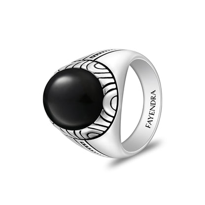 Sterling Silver 925 Ring Rhodium And Black Plated Embedded With Cabochon Natural Black Agate For Men