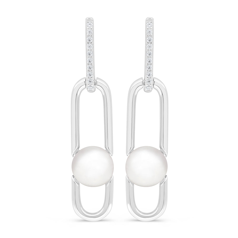 Sterling Silver 925 Earring Rhodium Plated Embedded With Natural White Pearl And White Zircon
