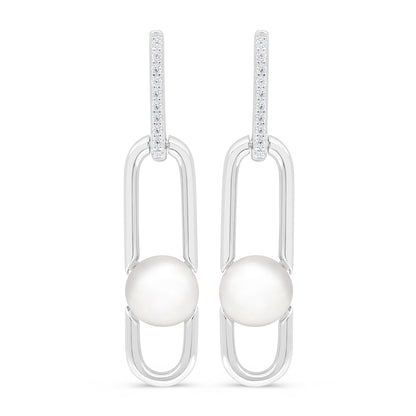 Sterling Silver 925 Earring Rhodium Plated Embedded With Natural White Pearl And White Zircon