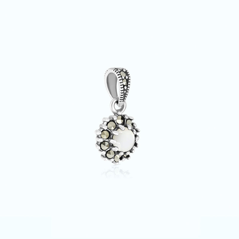 Sterling Silver 925 Pendant Embedded With Natural White Shell And Marcasite Stones