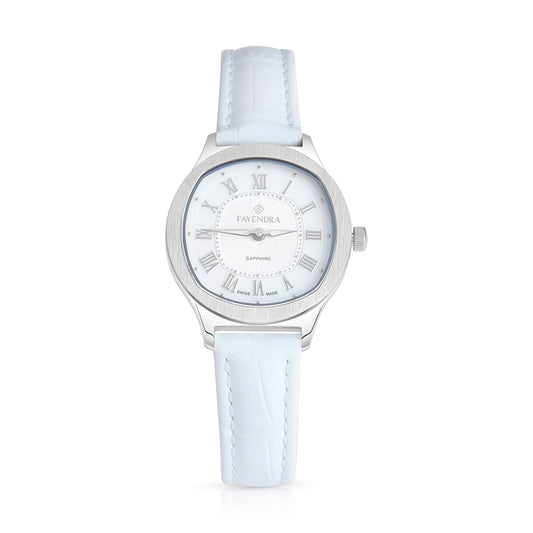 ساعة ستانلس ستيل عيار  L316 بلون فضي جلد ابيض - مينا حجر صدف ام اللالئ الابيض