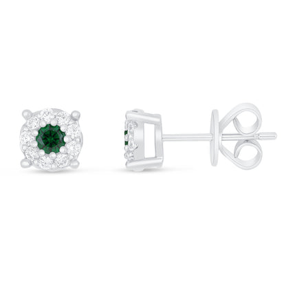 Sterling Silver 925 Earring Rhodium Plated Embedded With Emerald Zircon And White Zircon