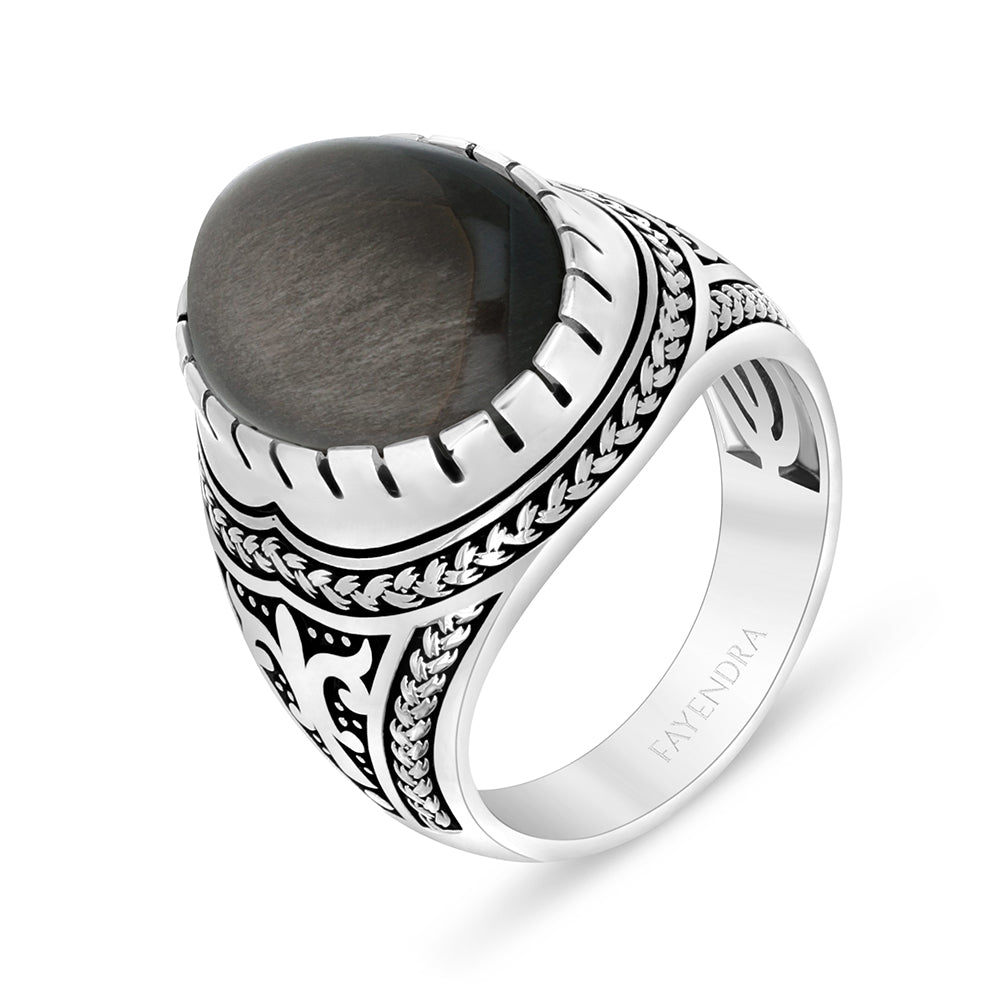 Sterling Silver 925 Ring Rhodium And Black Plated Embedded With Cabochon Obsidian For Men