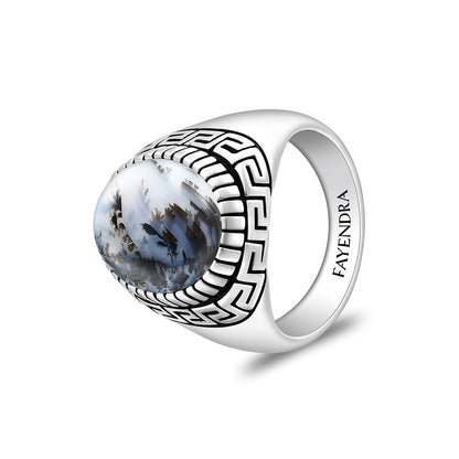 Sterling Silver 925 Ring Rhodium And Black Plated Embedded With Cabochon Natural Agate For Men