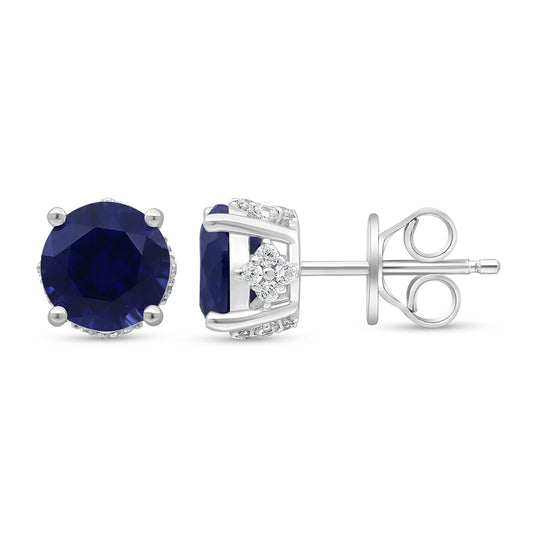 Sterling Silver 925 Earring Rhodium Plated Embedded With Sapphire Corundum And White Zircon