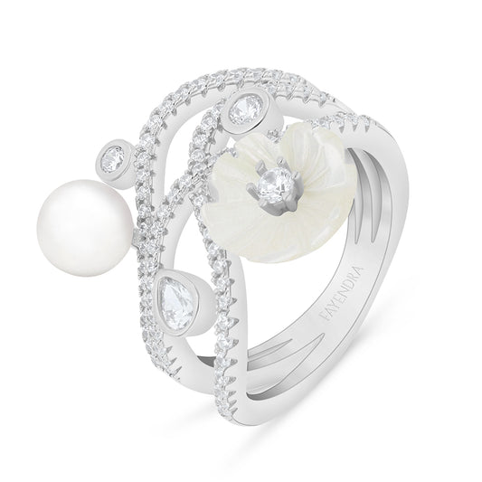 Sterling Silver 925 Ring Rhodium Plated Embedded With Natural White Pearl And White Shell And White Zircon