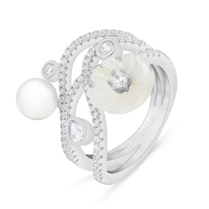 Sterling Silver 925 Ring Rhodium Plated Embedded With Natural White Pearl And White Shell And White Zircon