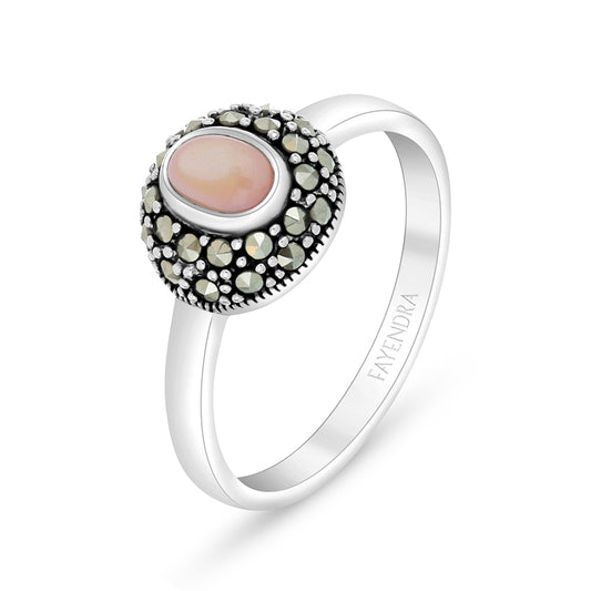 Sterling Silver 925 Ring Embedded With Natural Pink Shell And Marcasite Stones