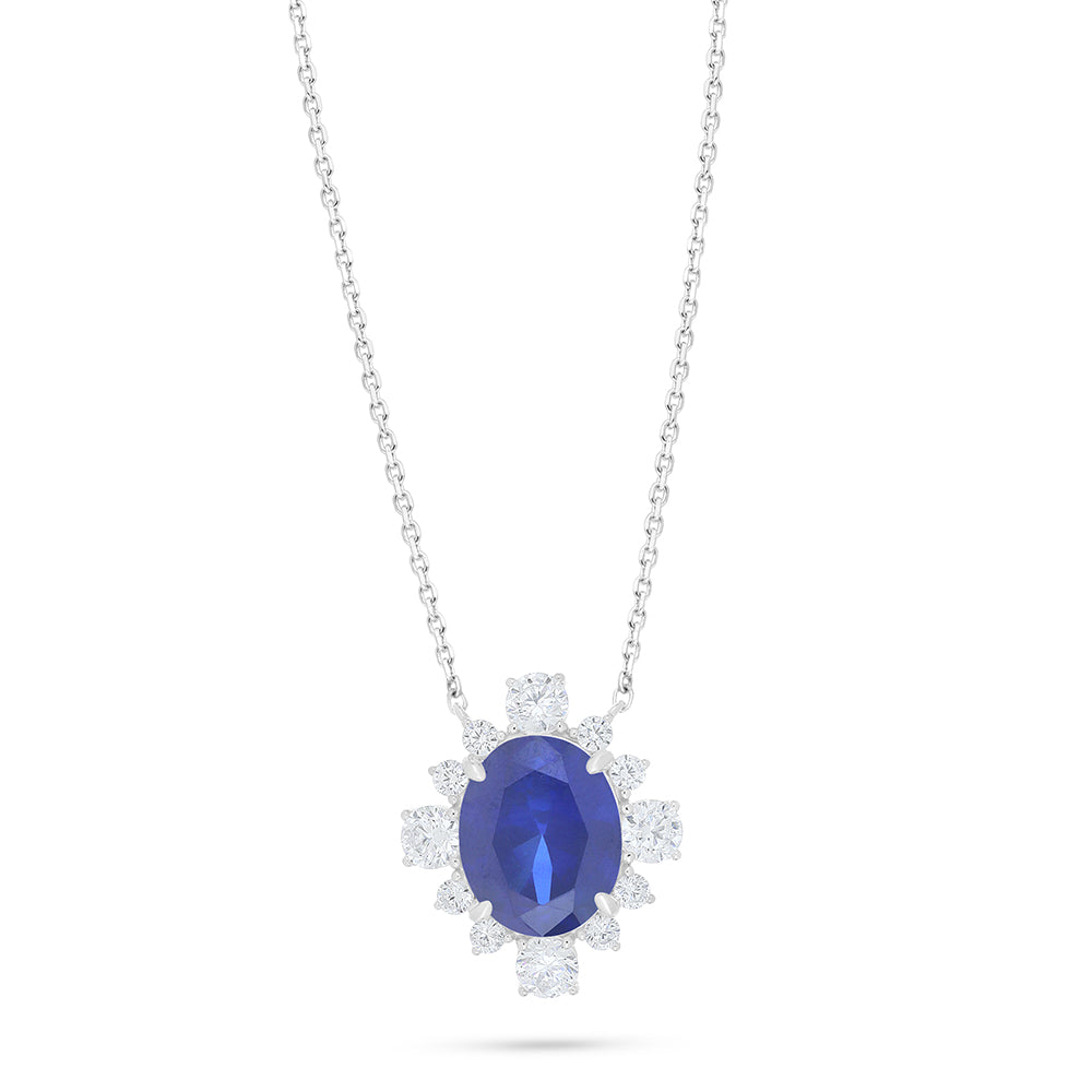 Sterling Silver 925 Necklace Rhodium Plated Embedded With Sapphire Corundum And White Zircon